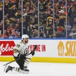 Feb 21, 2024; Edmonton, Alberta, CAN; Boston Bruins forward David Pastrnak (88) celebrates his goal scored during the third period against the Edmonton Oilers at Rogers Place.