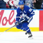 Apr 8, 2026; Toronto, Ontario, CAN; Toronto Maple Leafs right wing William Nylander (88) skates with the puck against the Washington Capitals during the first period at Scotiabank Arena.