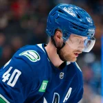 Mar 24, 2026; Vancouver, British Columbia, CAN; Vancouver Canucks forward Elias Pettersson (40) prepares for a face off against the Anaheim Ducks in the third period at Rogers Arena.