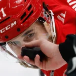 Jan 18, 2026; Detroit, Michigan, USA; Detroit Red Wings center Dylan Larkin (71) faces off in the second period against the Ottawa Senators at Little Caesars Arena.