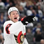 Feb 28, 2026; Toronto, Ontario, CAN; Ottawa Senators forward Brady Tkachuk (7) gestures as he speaks to team mates in the third period against the Toronto Maple Leafs at Scotiabank Arena.