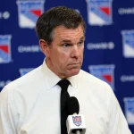 Apr 5, 2026; New York, New York, USA; New York Rangers head coach Mike Sullivan speaks to reporters after an 8-1 win against the Washington Capitals at Madison Square Garden.