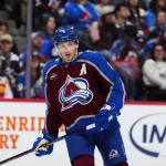 Apr 16, 2026; Denver, Colorado, USA; Colorado Avalanche defenseman Cale Makar (8) during the first period against the Seattle Kraken at Ball Arena. Mandatory Credit: Ron Chenoy-Imagn Images