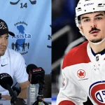 Le capitaine du Canadien de Montréal, Nick Suzuki, devant les médias, et le défenseur Arber Xhekaj.