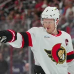 Apr 18, 2026; Raleigh, North Carolina, USA; Ottawa Senators left wing Brady Tkachuk (7) reacts against the Carolina Hurricanes during the second period in game one of the first round of the 2026 Stanley Cup Playoffs at Lenovo Center. Mandatory Credit: James Guillory-Imagn Images