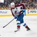 May 26, 2026; Las Vegas, Nevada, USA; Colorado Avalanche defenseman Cale Makar (8) shoots the puck during the second period against the Vegas Golden Knights in game four of the Western Conference Final of the 2026 Stanley Cup Playoffs at T-Mobile Arena. Mandatory Credit: Stephen R. Sylvanie-Imagn Images