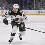 Apr 28, 2026; Dallas, Texas, USA; Minnesota Wild defenseman Quinn Hughes (43) skates against the Dallas Stars in game five of the first round of the 2026 Stanley Cup Playoffs at American Airlines Center. Mandatory Credit: Jerome Miron-Imagn Images