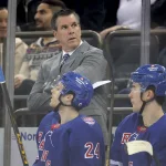 Mar 16, 2026; New York, New York, USA; New York Rangers head coach Mike Sullivan coaches against the Los Angeles Kings during the first period at Madison Square Garden.