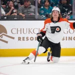 Mar 21, 2026; San Jose, California, USA; Philadelphia Flyers center Trevor Zegras (46) reacts after being called for a penalty against the San Jose Sharks during the third period at SAP Center at San Jose.