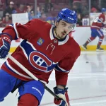 9 octobre 2024; Montréal (Québec), Canada; le défenseur des Canadiens de Montréal, Arber Xhekaj (72), patine durant l'échauffement avant le match contre les Maple Leafs de Toronto au Centre Bell.