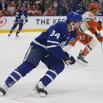 Mar 12, 2026; Toronto, Ontario, CAN; Toronto Maple Leafs forward Auston Matthews (34) skates against the Anaheim Ducks during the first period at Scotiabank Arena.