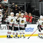 Apr 10, 2025; Boston, Massachusetts, USA; Chicago Blackhawks defenseman Kevin Korchinski (14) skates to the bench after scoring a goal during the third period against the Boston Bruins at TD Garden. :