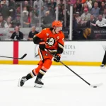 Apr 9, 2026; Anaheim, California, USA; Anaheim Ducks center Leo Carlsson (91) skates with the puck against the San Jose Sharks in the second period at Honda Center.