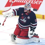 Mar 17, 2026; Winnipeg, Manitoba, CAN; Winnipeg Jets goaltender Connor Hellebuyck (37) warms up before a game against the Nashville Predators at Canada Life Centre.