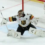 Jun 11, 2026; Raleigh, North Carolina, USA; Vegas Golden Knights goaltender Carter Hart (79) makes a save during the third period against the Carolina Hurricanes in game five of the 2026 Stanley Cup Final at Lenovo Center.