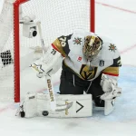 Jun 11, 2026; Raleigh, North Carolina, USA; Vegas Golden Knights goaltender Carter Hart (79) makes a save during the second period against the Carolina Hurricanes in game five of the 2026 Stanley Cup Final at Lenovo Center. Mandatory Credit: Nathan Ray Seebeck-Imagn Images
