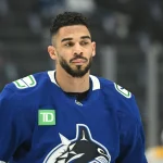 Mar 12, 2026; Vancouver, British Columbia, CAN; Vancouver Canucks left wing Evander Kane (91) during warm up at Rogers Arena against the Nashville Predators.