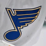 Dec 14, 2024; Dallas, Texas, USA; A view of the Blues logo on the jersey of St. Louis Blues goaltender Jordan Binnington (50) during the game between the Dallas Stars and the St. Louis Blues at American Airlines Center. Mandatory Credit: Jerome Miron-Imagn Images