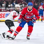 Apr 5, 2026; Montreal, Quebec, CAN; Montreal Canadiens right wing Brendan Gallagher (11) tracks the play against the New Jersey Devils during the first period at Bell Centre.