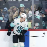 Apr 6, 2026; Winnipeg, Manitoba, CAN; Seattle Kraken right wing Eeli Tolvanen (20) puck juggles before a game against the Winnipeg Jets at Canada Life Centre.