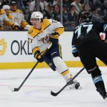 Devils acquire 56-point forward for two first-round picks in trade with the Predators Apr 9, 2026; Salt Lake City, Utah, USA; Nashville Predators right wing Luke Evangelista (77) skates with the puck against Utah Mammoth right wing JJ Peterka (77) during the third period at Delta Center. Mandatory Credit: Rob Gray-Imagn Images