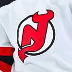 Apr 5, 2026; Montreal, Quebec, CAN; View of a New Jersey Devils logo on a jersey worn by a member of the team during the second period at Bell Centre. :