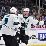 Marleau (12) celebrates with left wing Evander Kane (9) after scoring a goal during the second period against the St. Louis Blues at Enterprise Center.