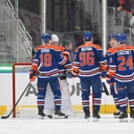 Sharks insider takes a shot at Oilers over questionable decision Mar 17, 2026; Edmonton, Alberta, CAN; Edmonton Oilers goalie Connor Ingram (39) along with left winger Zach Hyman (18) and defenseman Jake Walman (96) and defenseman Spencer Stastney (24) celebrate their win over the San Jose Sharks during the third period at Rogers Place. Mandatory Credit: Walter Tychnowicz-Imagn Images
