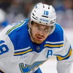 Apr 5, 2026; Denver, Colorado, USA; St. Louis Blues center Robert Thomas (18) in the third period against the Colorado Avalanche at Ball Arena. Mandatory Credit: Isaiah J. Downing-Imagn Images