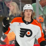 May 2, 2026; Raleigh, North Carolina, USA; Philadelphia Flyers center Trevor Zegras (46) looks on during the warmups before the game against the Carolina Hurricanes at Lenovo Center.