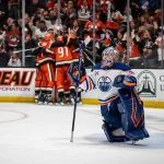 Apr 26, 2026; Anaheim, California, USA; Anaheim Ducks celebrate a goal while Edmonton Oilers goaltender Tristan Jarry (35) looks at the replay during the second period in game four of the first round of the 2026 Stanley Cup Playoffs at Honda Center.