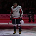 Apr 8, 2026; Toronto, Ontario, CAN; Washington Capitals left wing Alex Ovechkin (8) stands for the national anthems before a game against the Toronto Maple Leafs at Scotiabank Arena.