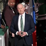Feb 4, 2026; Dallas, Texas, USA; Dallas Stars general manager Jim Nill is celebrate as the Stars honor their 2026 Winter Olympics hockey players before the game against the St. Louis Blues at the American Airlines Center.