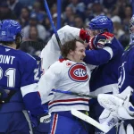 Apr 29, 2026; Tampa, Florida, USA; Montreal Canadiens right wing Brendan Gallagher (11) and Tampa Bay Lightning defenseman Erik Cernak (81) react after a whistle in the second period during game five of the first round of the 2026 Stanley Cup Playoffs at Benchmark International Arena.