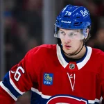 Apr 5, 2026; Montreal, Quebec, CAN; Montreal Canadiens right wing Zachary Bolduc (76) looks on against the New Jersey Devils during the third period at Bell Centre.