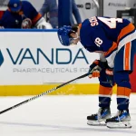 Apr 14, 2026; Elmont, New York, USA; New York Islanders defenseman Matthew Schaefer (48) upset after the 2-1 loss to Carolina Hurricanes after the game at UBS Arena.