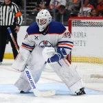 Apr 24, 2026; Anaheim, California, USA; Edmonton Oilers goaltender Connor Ingram (39) defends the goal during the second period against the Anaheim Ducks in game three of the first round of the 2026 Stanley Cup Playoffs at Honda Center.