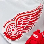Dec 2, 2023; Montreal, Quebec, CAN; View of a Detroit Red Wings logo on a jersey worn by a member of the team during warm-up before the game against the Montreal Canadiens at Bell Centre.