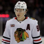 Mar 27, 2026; New York, New York, USA; Chicago Blackhawks center Connor Bedard (98) skates against the New York Rangers during the first period at Madison Square Garden.
