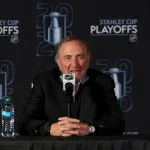 Apr 21, 2026; Buffalo, New York, USA; NHL Commissioner Gary Bettman talks to the media prior to a game between the Buffalo Sabres and the Boston Bruins in game two of the first round of the 2026 Stanley Cup Playoffs at KeyBank Center.