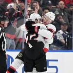 Feb 28, 2026; Toronto, Ontario, CAN; Ottawa Senators defenseman Thomas Chabot (72) celebrates with forward Brady Tkachuk (7) after scoring a goal against the Toronto Maple Leafs in the first period at Scotiabank Arena.