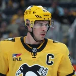 Apr 18, 2026; Pittsburgh, Pennsylvania, USA; Pittsburgh Penguins center Sidney Crosby (87) looks on against the Philadelphia Flyers during the third period in game one of the first round of the 2026 Stanley Cup Playoffs at PPG Paints Arena. Mandatory Credit: Charles LeClaire-Imagn Images