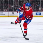 Dec 3, 2025; Montreal, Quebec, CAN; Montreal Canadiens defenseman Arber Xhekaj (72) shoots the puck against the Winnipeg Jets during the first period at Bell Centre.