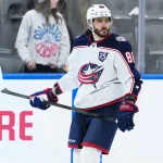 Nov 20, 2025; Toronto, Ontario, CAN; Columbus Blue Jackets right wing Kirill Marchenko (86) skates during the warmup before a game against the Toronto Maple Leafs at Scotiabank Arena.