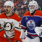 Mar 28, 2026; Edmonton, Alberta, CAN; Anaheim Ducks forward Chris Kreider (20) tries to screen Edmonton Oilers goaltender Connor Ingram (39) during the second period at Rogers Place.
