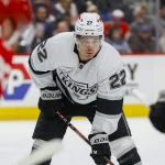 Jan 27, 2026; Detroit, Michigan, USA; Los Angeles Kings left wing Kevin Fiala (22) looks on during a face off in the first period against the Detroit Red Wings at Little Caesars Arena.