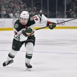 Apr 28, 2026; Dallas, Texas, USA; Minnesota Wild defenseman Quinn Hughes (43) skates against the Dallas Stars in game five of the first round of the 2026 Stanley Cup Playoffs at American Airlines Center.