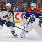 Apr 13, 2026; Edmonton, Alberta, CAN; Colorado Avalanche forward Gabriel Landeskog (92) looks for a loose puck in front of Edmonton Oilers goaltender Connor Ingram (39) during the second period at Rogers Place.
