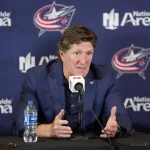 Jul 1, 2023; Columbus, OH, USA; Columbus Blue Jackets introduce Mike Babcock as their new head coach during a press conference at Nationwide Arena.