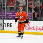 Apr 30, 2026; Anaheim, California, USA; Anaheim Ducks left wing Chris Kreider (20) reacts at the end of game six of the first round of the 2026 Stanley Cup Playoffs against the Edmonton Oilers at Honda Center.